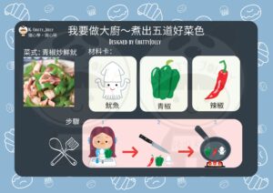 煮飯遊戲素材展示，包括各種食材與餐具卡片