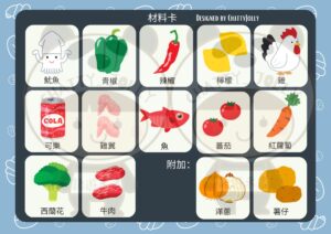 煮飯遊戲素材展示，包括各種食材與餐具卡片