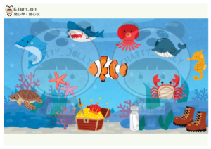 釣魚遊戲紙本素材展示，包括各種魚與釣竿卡片