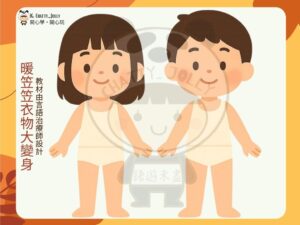 教材內容展示，包括人物角色與秋冬衣物配件供幼兒操作學習