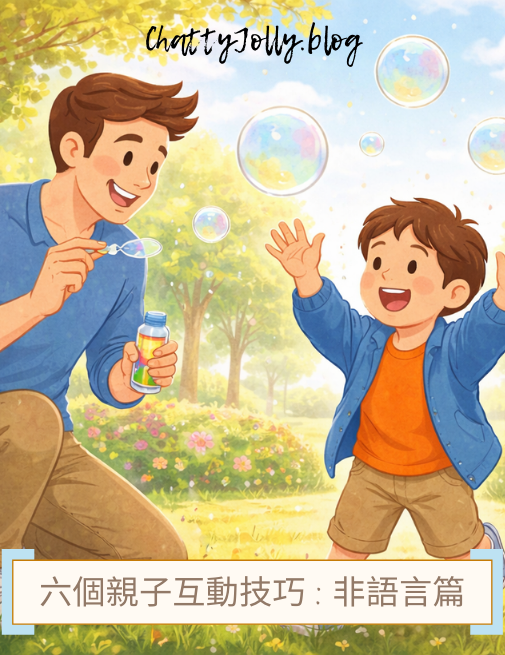 家長與小朋友在戶外公園玩泡泡，透過眼神、表情和動作進行開心的親子互動，展現非語言溝通的重要性