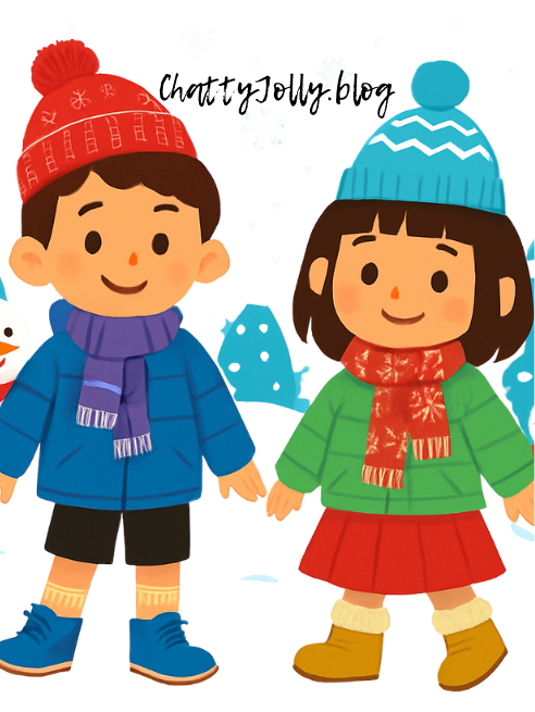 秋冬衣物語言學習主題教材示意圖，展示外套、圍巾、帽子等詞彙