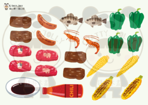 燒烤食物圖卡展示，包括肉類、蔬菜等，強化幼兒詞彙辨識