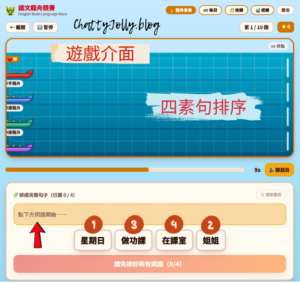 學生透過拖曳排序建立四素句，學習時間、人物、地方及事情的句子結構。